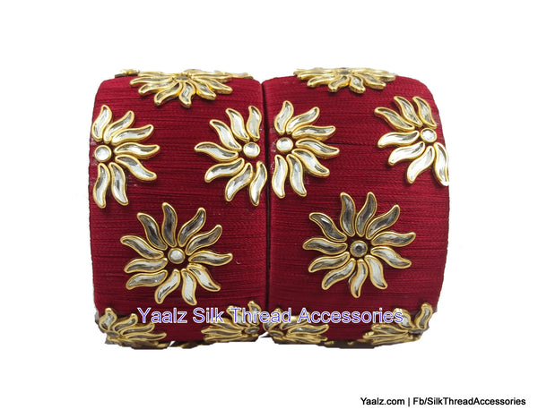 silk thread jewelry Bangle Earring Jumka-Yaalz Jumbo Kada With Kundan Stone Work In Maroon Color-YAALZ