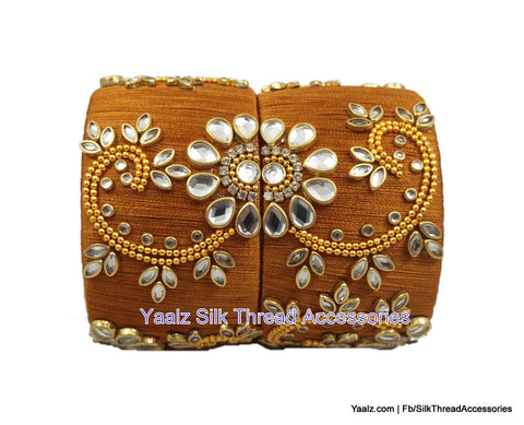 silk thread jewelry Bangle Earring Jumka-Yaalz Jumbo Kada With Kundan Stone Work In Dusty Gold Color-YAALZ