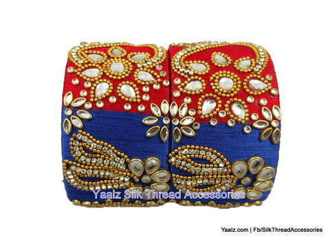 silk thread jewelry Bangle Earring Jumka-Yaalz Jumbo Kada With Kundan Stone Work In Red & Royal Blue Colors-YAALZ