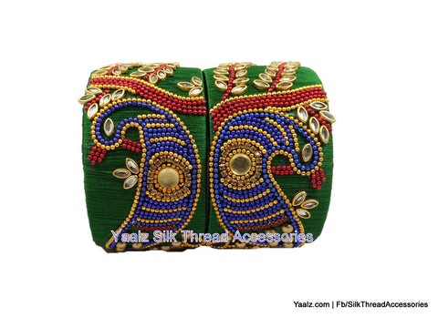 silk thread jewelry Bangle Earring Jumka-Yaalz Heavy Kundan Peacock Design Jumbo Kada Pair In Green, Red & Blue Colors-YAALZ