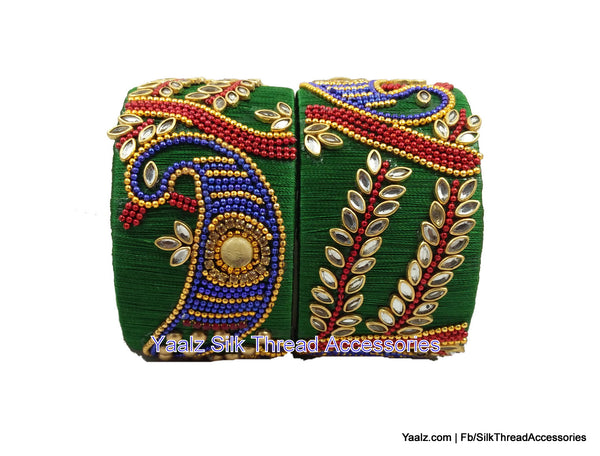 silk thread jewelry Bangle Earring Jumka-Yaalz Heavy Kundan Peacock Design Jumbo Kada Pair In Green, Red & Blue Colors-YAALZ