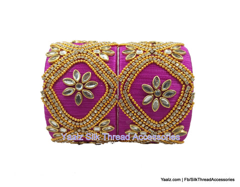 silk thread jewelry Bangle Earring Jumka-Yaalz Jumbo Kada With Kundan Stone Work In Magenta Color-YAALZ