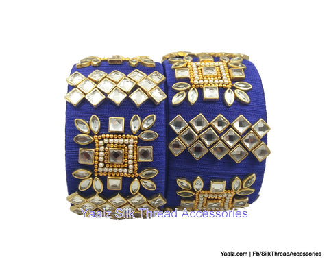 silk thread jewelry Bangle Earring Jumka-Yaalz Jumbo Kada With Heavy Square Kundan Stone Work In Royal Blue Color-YAALZ