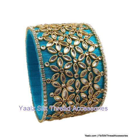 silk thread jewelry Bangle Earring Jumka-Yaalz Jumbo Kada With Heavy Kundan Stone Work In Copper Sulphate Blue Color-YAALZ