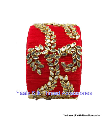 silk thread jewelry Bangle Earring Jumka-Yaalz Jumbo Kada With Heavy Kundan Stone Work In Red Color-YAALZ