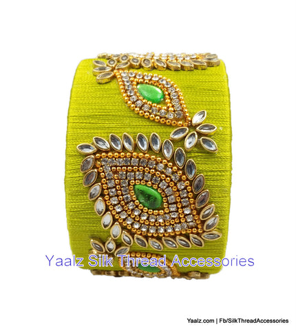 silk thread jewelry Bangle Earring Jumka-Yaalz Jumbo Kada With Heavy Kundan Stone Work In Green Color-YAALZ