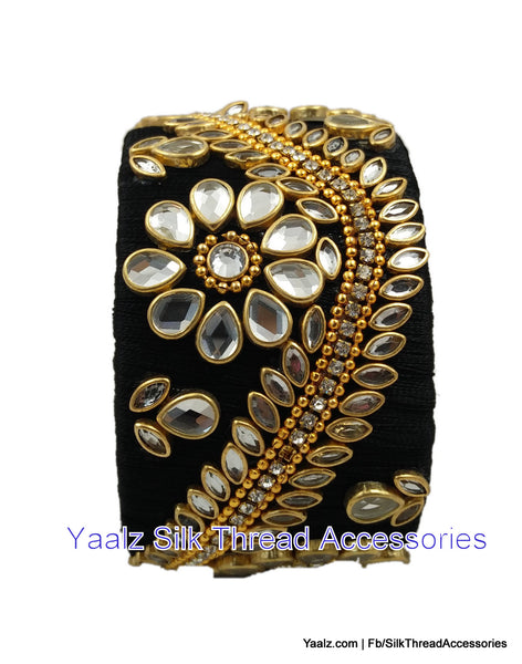 silk thread jewelry Bangle Earring Jumka-Yaalz Jumbo Kada With Kundan Stone Work In Black Color-YAALZ