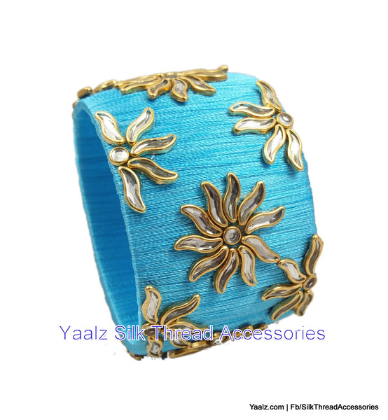 silk thread jewelry Bangle Earring Jumka-Yaalz Jumbo Kada With Kundan Stone Work In Copper Sulphate Blue Color-YAALZ