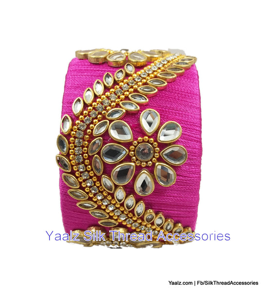 silk thread jewelry Bangle Earring Jumka-Yaalz Jumbo Kada With Heavy Kundan Stone Work In Pink Color-YAALZ