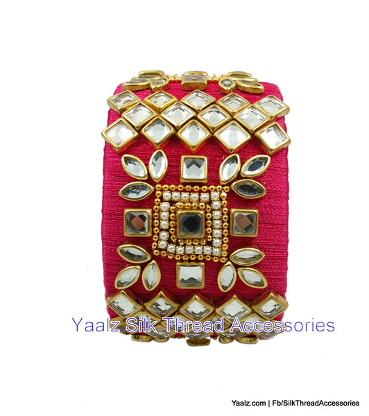 silk thread jewelry Bangle Earring Jumka-Yaalz Jumbo Kada With Heavy Square Kundan Stone Work In Red Color-YAALZ