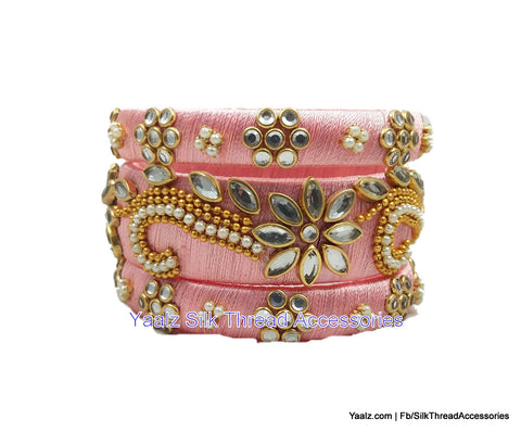silk thread jewelry Bangle Earring Jumka-Yaalz Kundan Stone Work Partywear Bangles Set In Pink Color-YAALZ