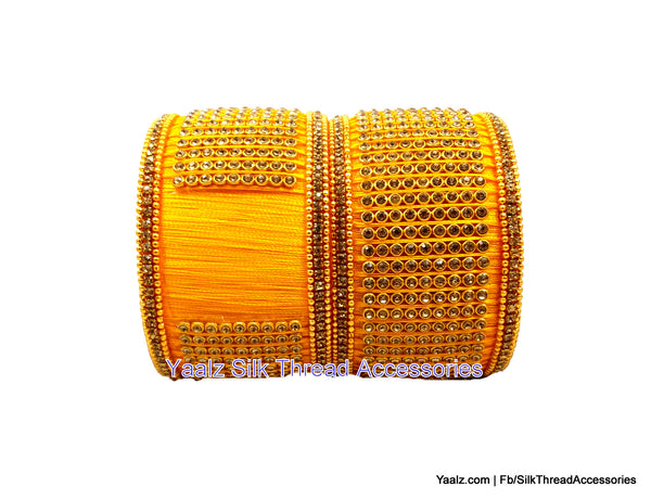 silk thread jewelry Bangle Earring Jumka-Yaalz Jumbo Kada With Antique Stone Work In Golden Yellow Color-YAALZ