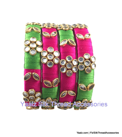 silk thread jewelry Bangle Earring Jumka-Yaalz Kundan Stone Work Bangles Set In Rani Pink & Parrot Green Colors-YAALZ