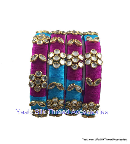 silk thread jewelry Bangle Earring Jumka-Yaalz Kundan Stone Work Bangles Set In Magenta & Copper Sulphate Blue Colors-YAALZ