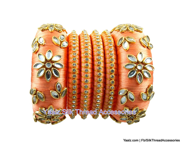 silk thread jewelry Bangle Earring Jumka-Yaalz Heavy Kundan Work Bangle Set In Peach Color-YAALZ