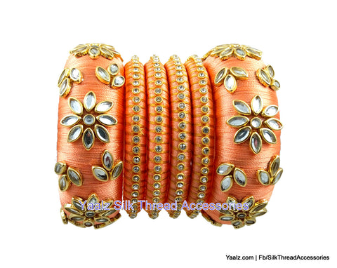silk thread jewelry Bangle Earring Jumka-Yaalz Heavy Kundan Work Bangle Set In Peach Color-YAALZ