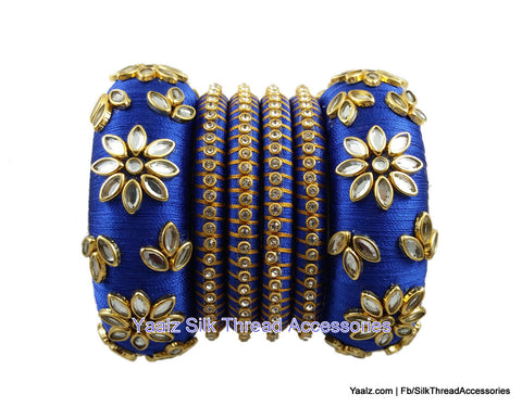 silk thread jewelry Bangle Earring Jumka-Yaalz Heavy Kundan Work Bangle Set In Royal Blue Color-YAALZ