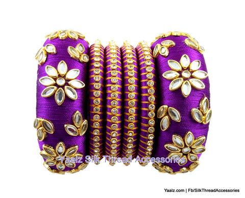 silk thread jewelry Bangle Earring Jumka-Yaalz Heavy Kundan Work Bangle Set In Purple Color-YAALZ