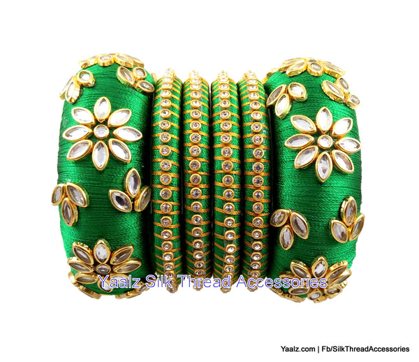 silk thread jewelry Bangle Earring Jumka-Yaalz Heavy Kundan Work Bangle Set In Leaf Green Color-YAALZ