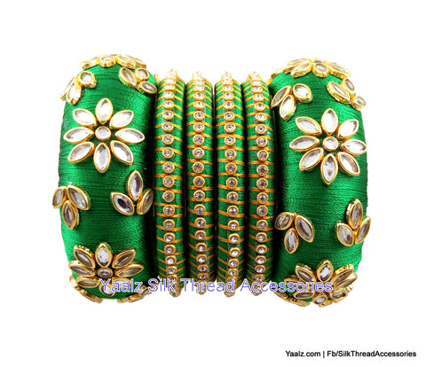 silk thread jewelry Bangle Earring Jumka-Yaalz Heavy Kundan Work Bangle Set In Leaf Green Color-YAALZ