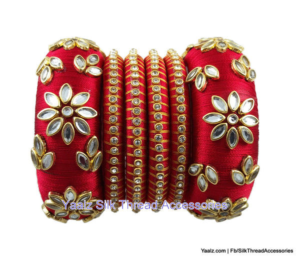 silk thread jewelry Bangle Earring Jumka-Yaalz Heavy Kundan Work Bangle Set In Red Color-YAALZ