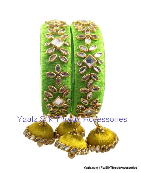 silk thread jewelry Bangle Earring Jumka-Yaalz Heavy Kundan Stone Work Bangles Set With Hangings In Green Colors-YAALZ