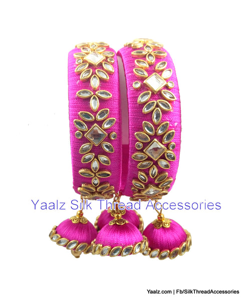silk thread jewelry Bangle Earring Jumka-Yaalz Heavy Kundan Stone Work Bangles Set With Hangings In Pink Color-YAALZ