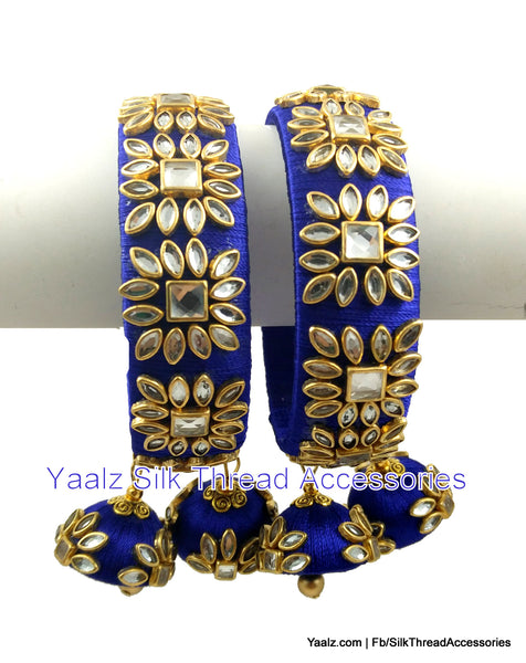 silk thread jewelry Bangle Earring Jumka-Yaalz Heavy Kundan Stone Work Bangles Set With Hangings In Royal Blue Color-YAALZ
