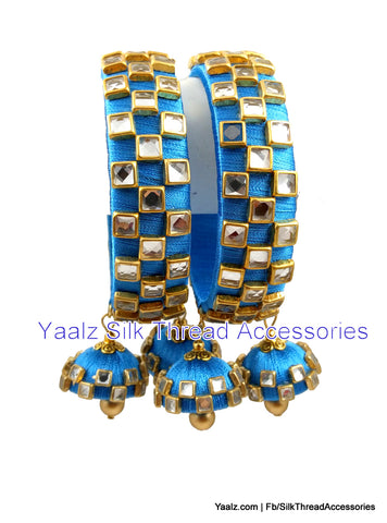silk thread jewelry Bangle Earring Jumka-Yaalz Heavy Kundan Square Stone Work Bangles Set With Hangings In Copper Sulphate Blue Color-YAALZ