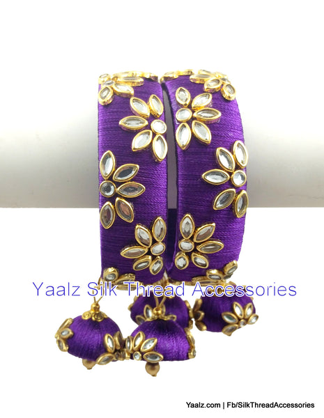 silk thread jewelry Bangle Earring Jumka-Yaalz Heavy Kundan Stone Work Bangles Set With Hangings In Purple Color-YAALZ