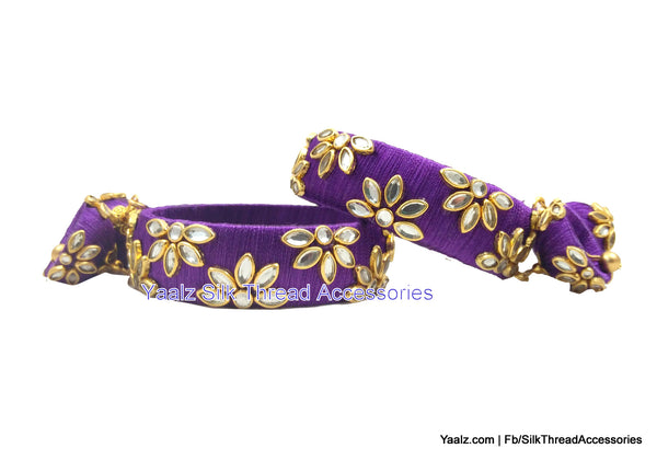 silk thread jewelry Bangle Earring Jumka-Yaalz Heavy Kundan Stone Work Bangles Set With Hangings In Purple Color-YAALZ