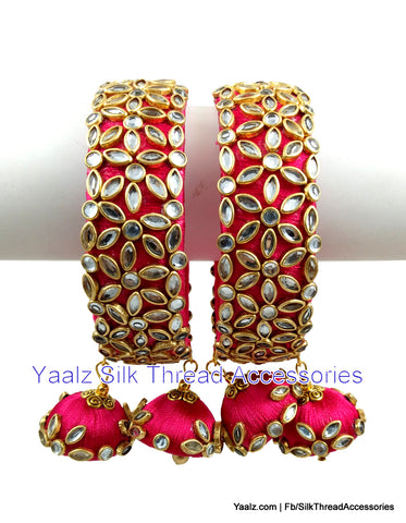 silk thread jewelry Bangle Earring Jumka-Yaalz Heavy Kundan Stone Work Bangles Set With Hangings In Pinkish Red Color-YAALZ