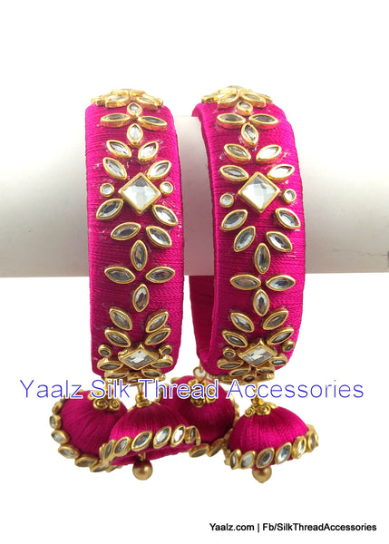 silk thread jewelry Bangle Earring Jumka-Yaalz Heavy Kundan Stone Work Bangles Set With Hangings In Rani Pink Color-YAALZ