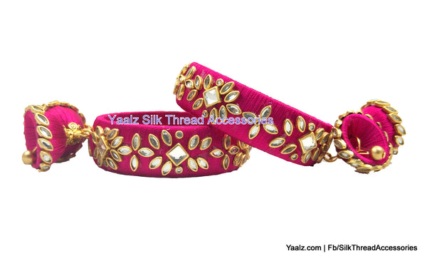 silk thread jewelry Bangle Earring Jumka-Yaalz Heavy Kundan Stone Work Bangles Set With Hangings In Rani Pink Color-YAALZ