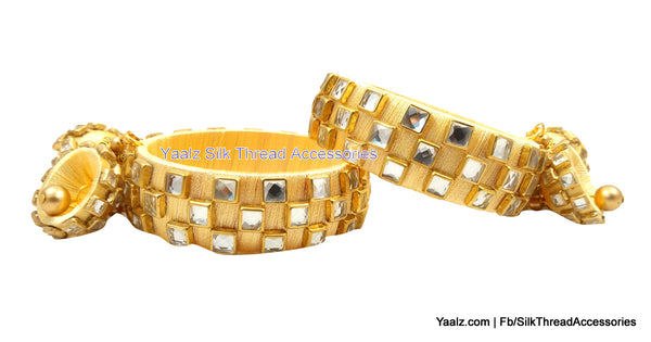 silk thread jewelry Bangle Earring Jumka-Yaalz Heavy Kundan Square Stone Work Bangles Set With Hangings In Cream Color-YAALZ