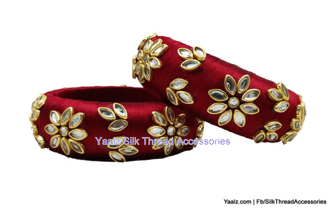 silk thread jewelry Bangle Earring Jumka-Yaalz Fine Finished Kundan Stone Work Partywear Bangle Pair In Maroon Color-YAALZ