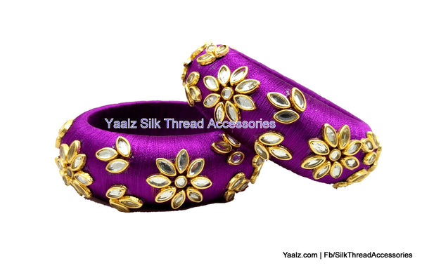 silk thread jewelry Bangle Earring Jumka-Yaalz Fine Finished Kundan Stone Work Partywear Bangle Pair In Purple Color-YAALZ