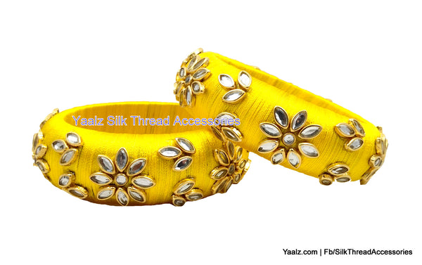 silk thread jewelry Bangle Earring Jumka-Yaalz Fine Finished Kundan Stone Work Partywear Bangle Pair In Yellow Color-YAALZ