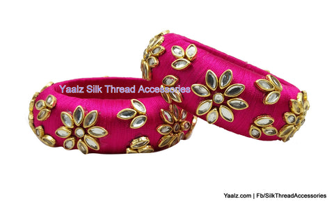 silk thread jewelry Bangle Earring Jumka-Yaalz Fine Finished Kundan Stone Work Partywear Bangle Pair In Rani Pink Color-YAALZ