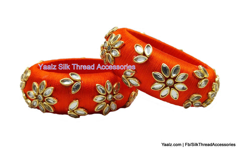 silk thread jewelry Bangle Earring Jumka-Yaalz Fine Finished Kundan Stone Work Partywear Bangle Pair In Red Color-YAALZ