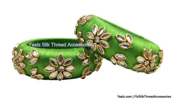 silk thread jewelry Bangle Earring Jumka-Yaalz Fine Finished Kundan Stone Work Partywear Bangle Pair In Parrot Green Color-YAALZ
