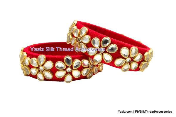 silk thread jewelry Bangle Earring Jumka-Yaalz Kundan Stone Work Partywear Bangle Pair In Red Color-YAALZ