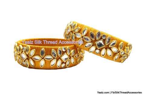 silk thread jewelry Bangle Earring Jumka-Yaalz Kundan Stone Work Partywear Bangle Pair In Gold Color-YAALZ