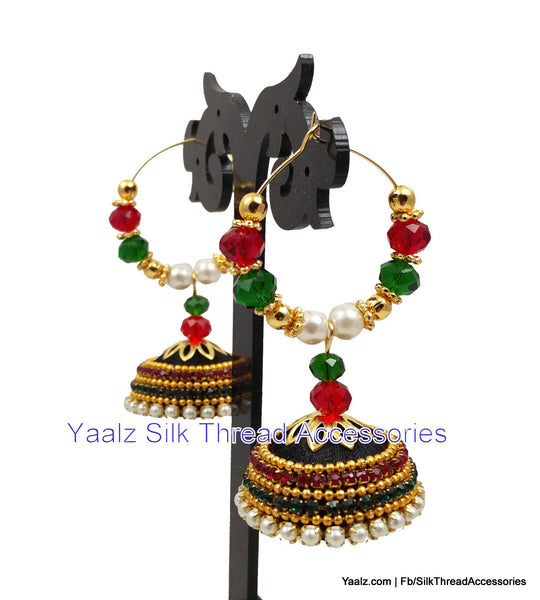 silk thread jewelry Bangle Earring Jumka-Yaalz Heavy Bali Hoop Partywear Jhumka Earrings In Black With Red & Green Crystal Work-YAALZ