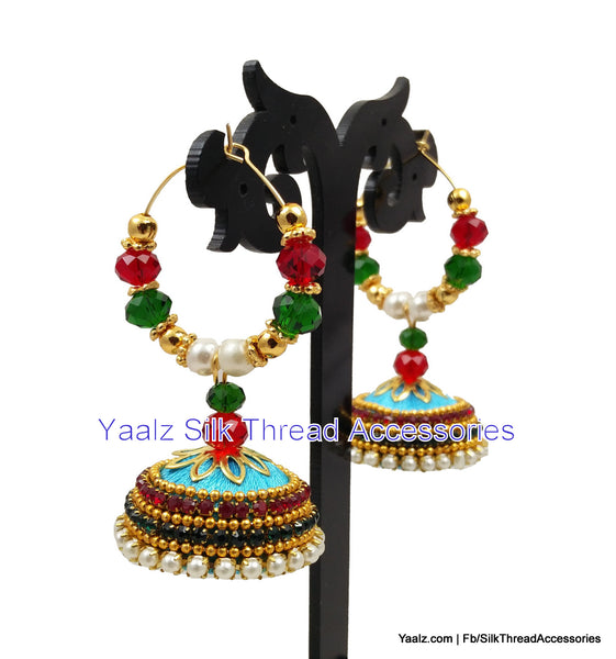 silk thread jewelry Bangle Earring Jumka-Yaalz Heavy Bali Hoop Partywear Jhumka Earrings In Copper Sulphate Blue With Red & Green Crystal Work-YAALZ
