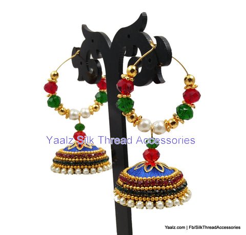 silk thread jewelry Bangle Earring Jumka-Yaalz Heavy Bali Hoop Partywear Jhumka Earrings In Royal Blue With Red & Green Crystal Work-YAALZ