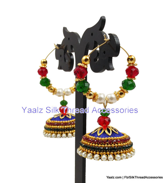 silk thread jewelry Bangle Earring Jumka-Yaalz Heavy Bali Hoop Partywear Jhumka Earrings In Ink Blue With Red & Green Crystal Work-YAALZ