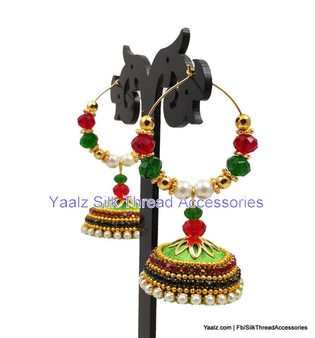 silk thread jewelry Bangle Earring Jumka-Yaalz Heavy Bali Hoop Partywear Jhumka Earrings In Parrot Green With Red & Green Crystal Work-YAALZ