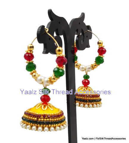 silk thread jewelry Bangle Earring Jumka-Yaalz Heavy Bali Hoop Partywear Jhumka Earrings In Mango Yellow With Red & Green Crystal Work-YAALZ