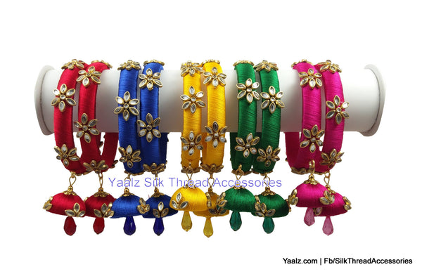 silk thread jewelry Bangle Earring Jumka-Yaalz 5 Pairs Kundan Combo Bangle Sets With Hangings In Red, Blue, Yellow, Green & Pink Colors-YAALZ